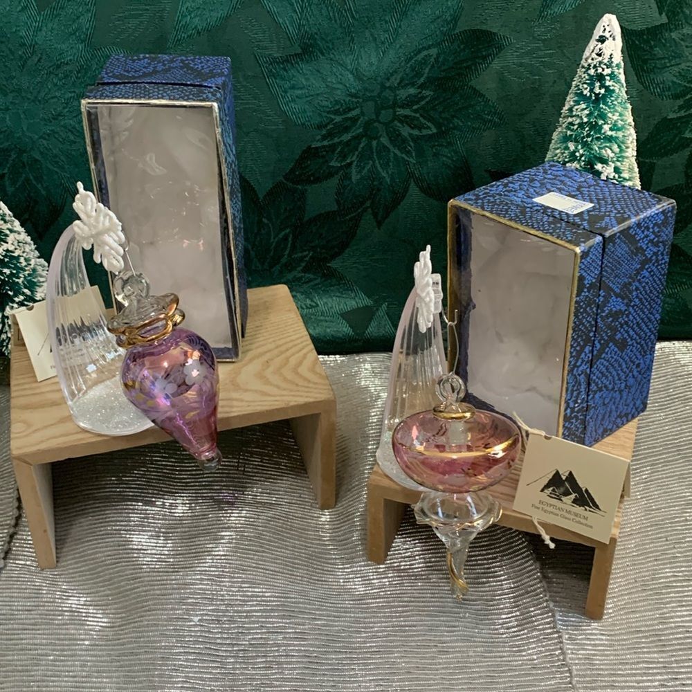 Bundle Of 2 Egyptian Museum Hand Blown Glass Christmas Ornaments 24k Gold Trim